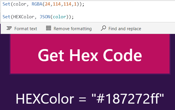 Get the HEX color code from an RGBA() value in Power Apps